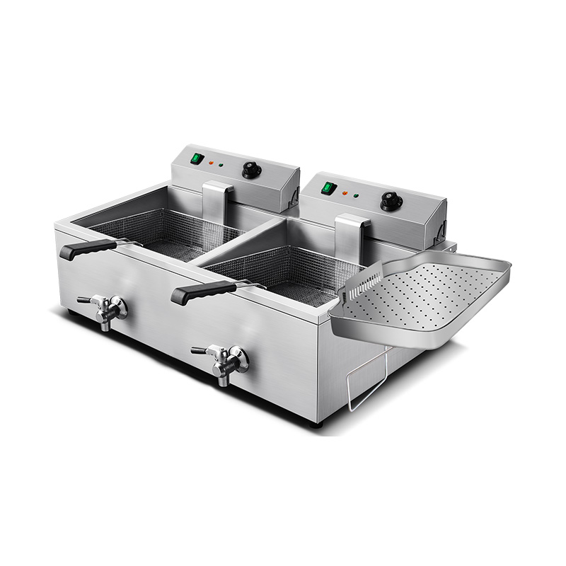 Penggorengan Meja Komersial Listrik Stainless Steel Pengering Minyak Samping
