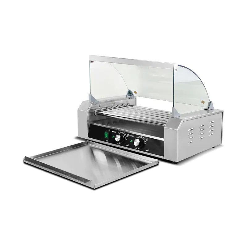 Mesin Pemanggang Roller Hot Dog Listrik Stainless Steel dengan Penutup Kaca
