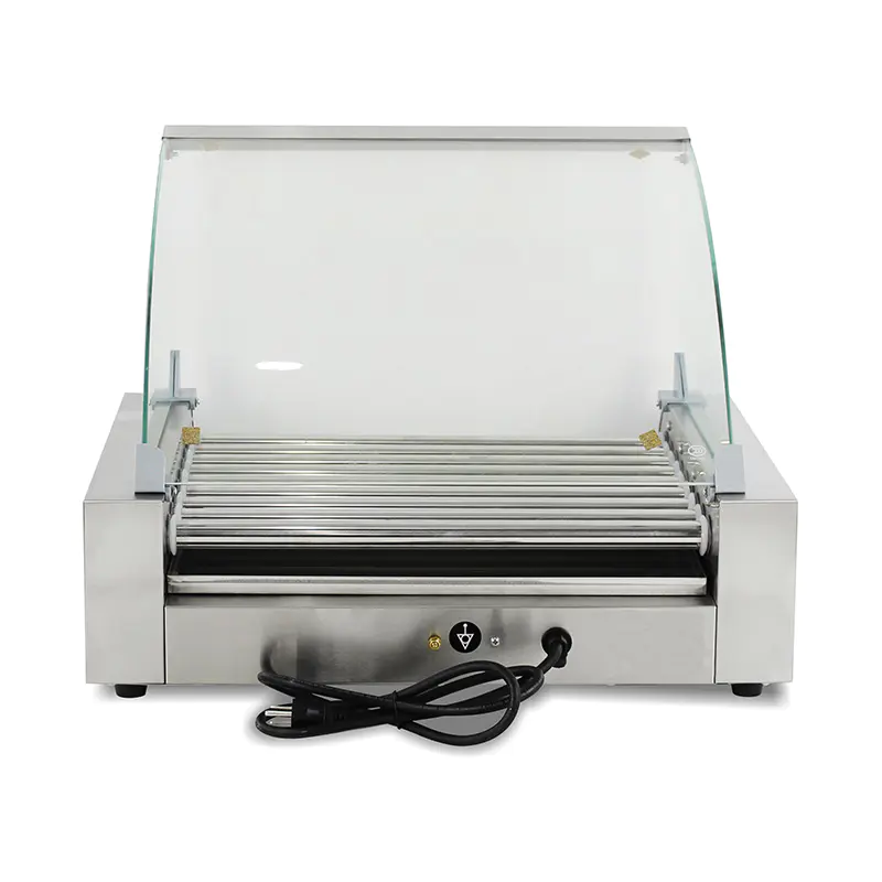Mesin Pemanggang Roller Hot Dog Listrik Stainless Steel dengan Penutup Kaca