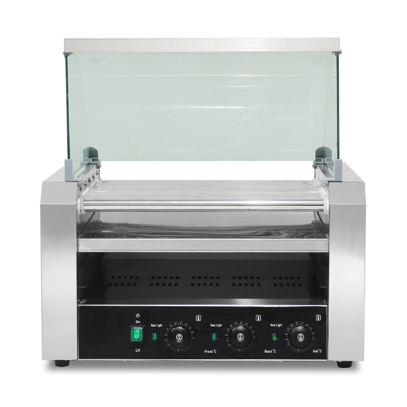 Mesin Pemanggang Roller Hot Dog Listrik Stainless Steel dengan Penutup Kaca