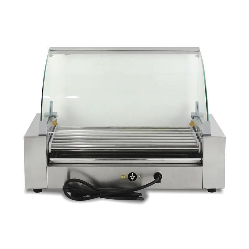 Mesin Pemanggang Roller Hot Dog Listrik Stainless Steel dengan Penutup Kaca