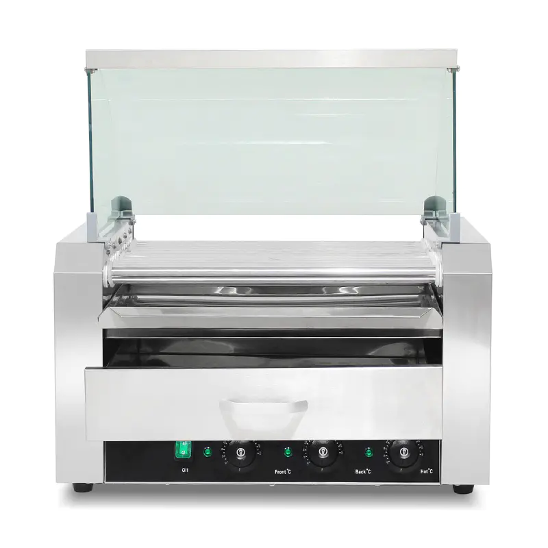 Mesin Pemanggang Roller Hot Dog Listrik Stainless Steel dengan Penutup Kaca