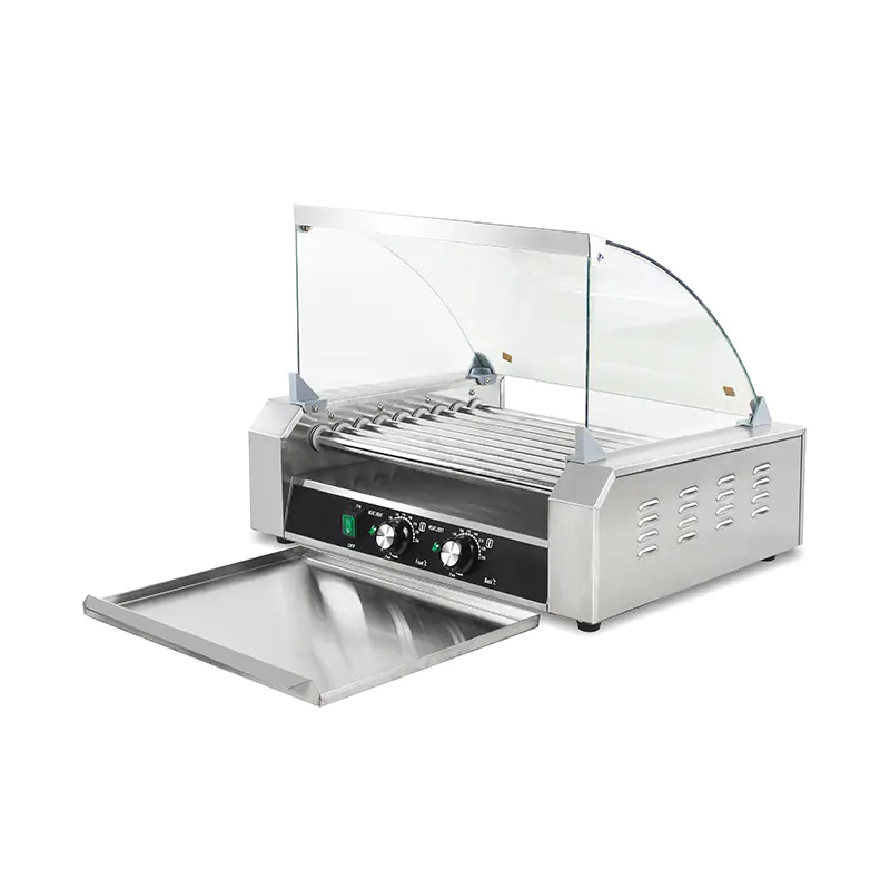 Mesin Pemanggang Roller Hot Dog Listrik Stainless Steel dengan Penutup Kaca