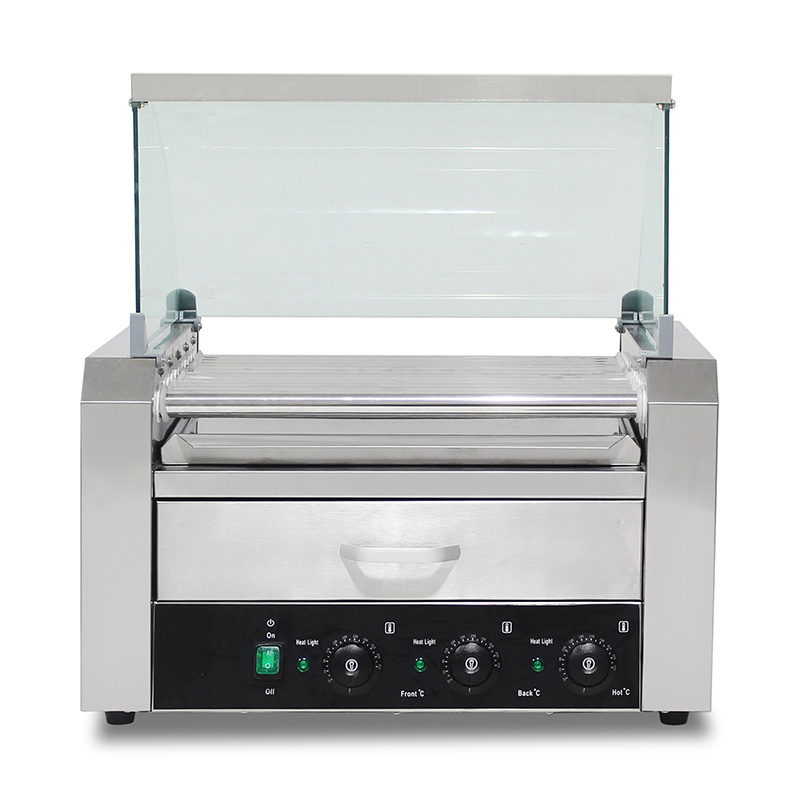 Mesin Pemanggang Roller Hot Dog Listrik Stainless Steel dengan Penutup Kaca