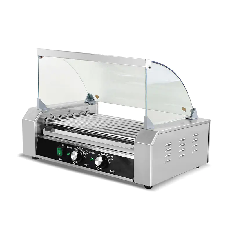 Mesin Pemanggang Roller Hot Dog Listrik Stainless Steel dengan Penutup Kaca