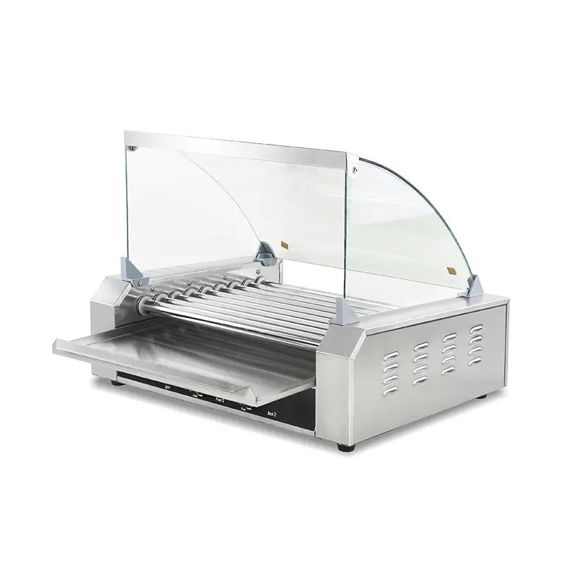 Mesin Pemanggang Roller Hot Dog Listrik Stainless Steel dengan Penutup Kaca