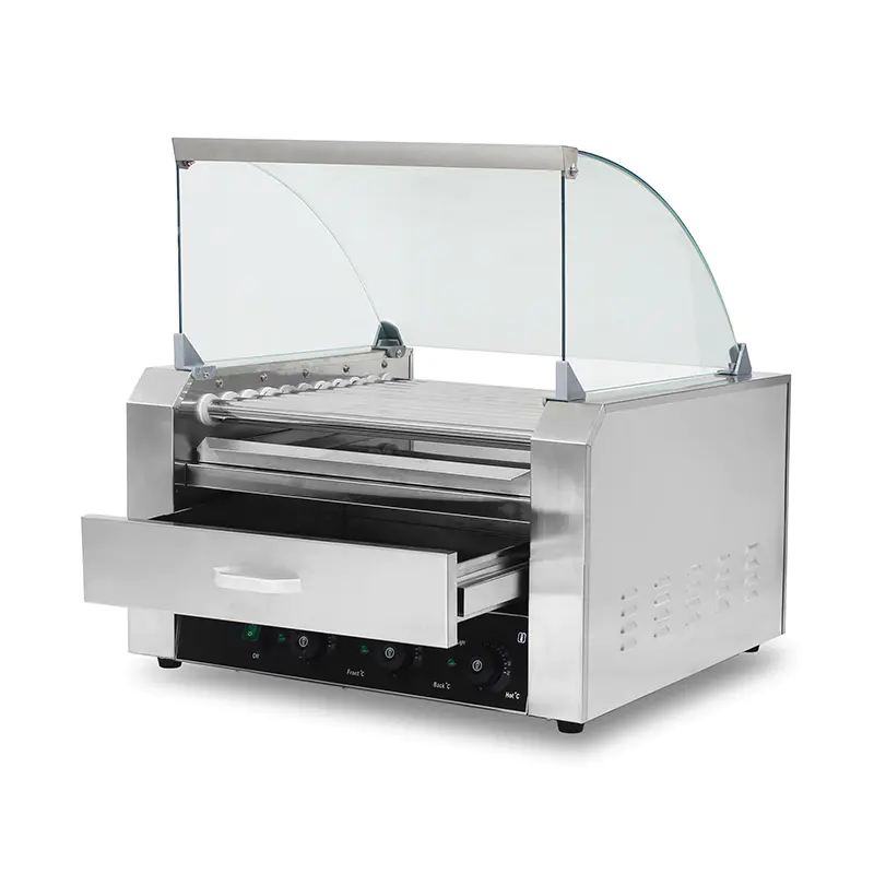 Mesin Pemanggang Roller Hot Dog Listrik Stainless Steel dengan Penutup Kaca