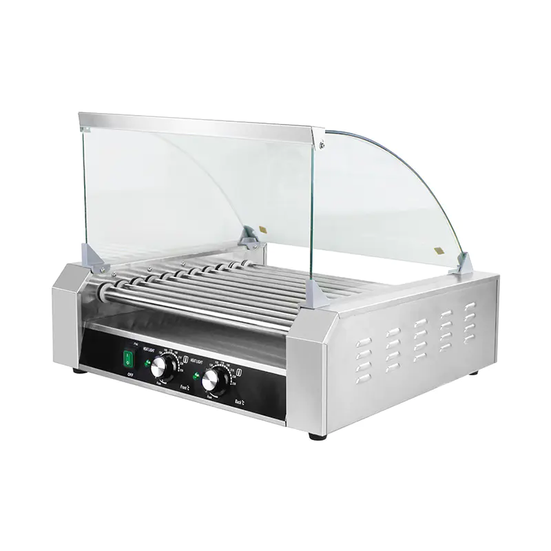 Mesin Pemanggang Roller Hot Dog Listrik Stainless Steel dengan Penutup Kaca