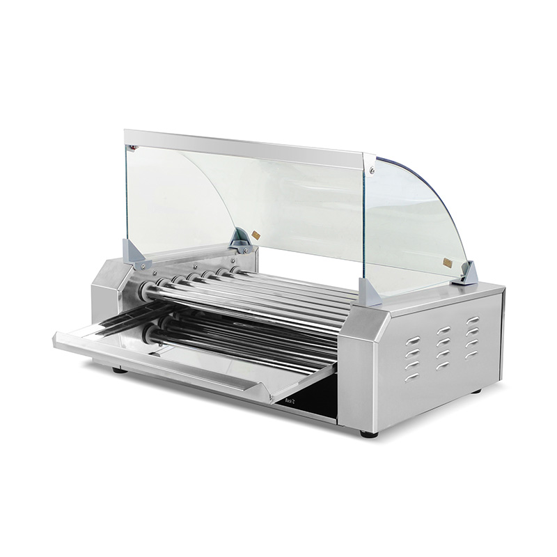 Mesin Pemanggang Roller Hot Dog Listrik Stainless Steel dengan Penutup Kaca