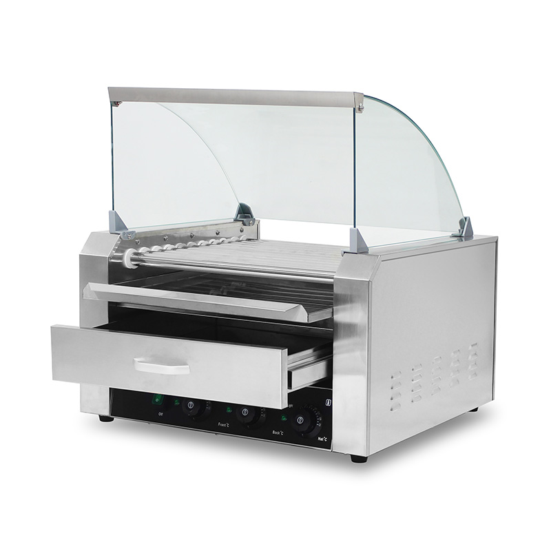 Mesin Pemanggang Roller Hot Dog Listrik Stainless Steel dengan Penutup Kaca
