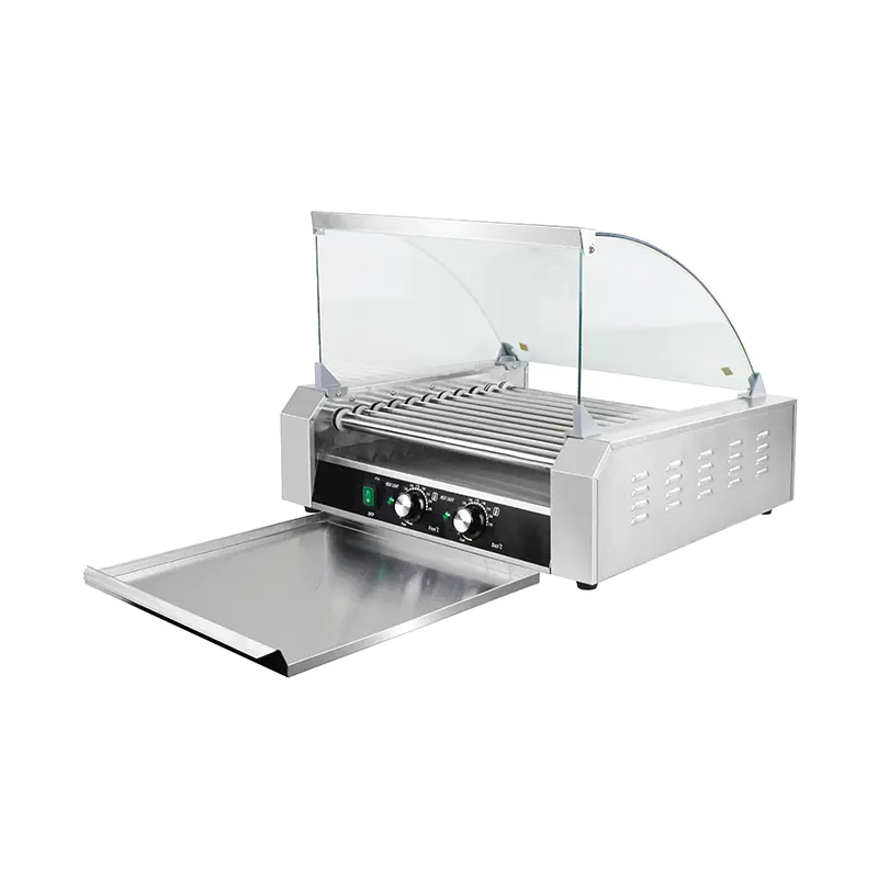 Mesin Pemanggang Roller Hot Dog Listrik Stainless Steel dengan Penutup Kaca