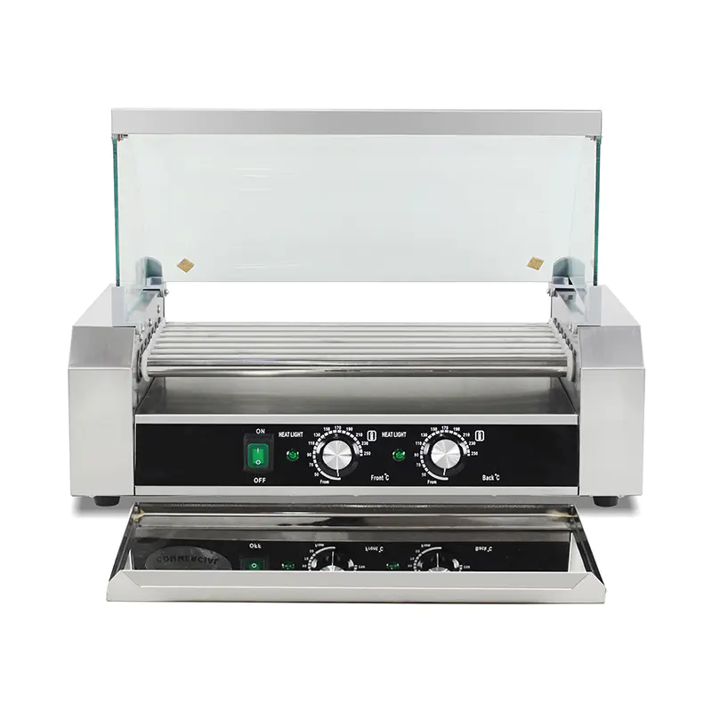 Mesin Pemanggang Roller Hot Dog Listrik Stainless Steel dengan Penutup Kaca