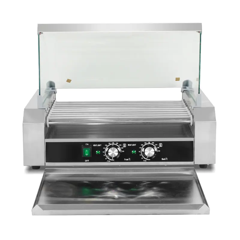 Mesin Pemanggang Roller Hot Dog Listrik Stainless Steel dengan Penutup Kaca