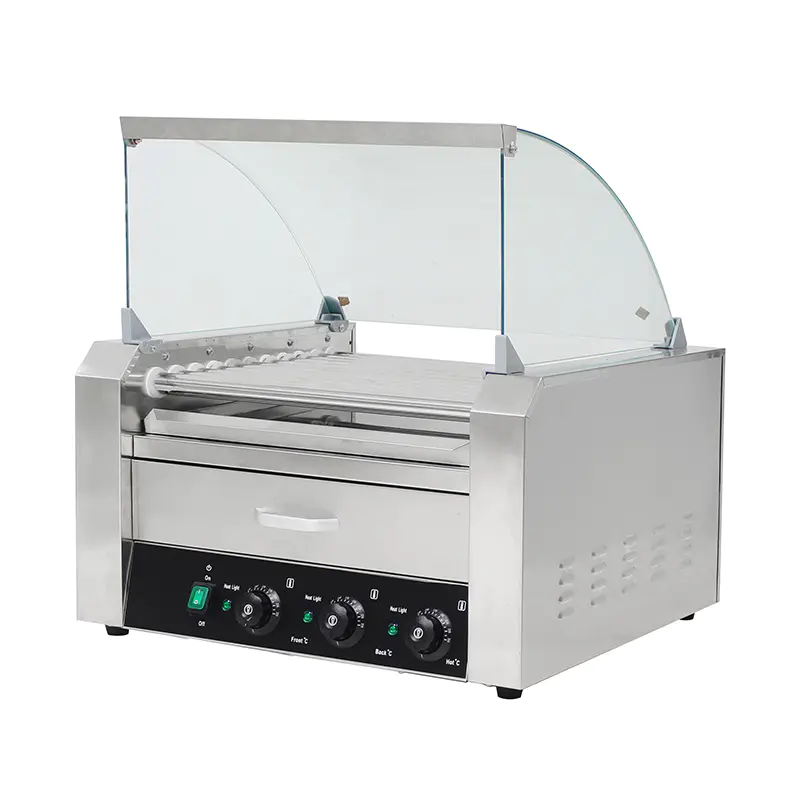 Mesin Pemanggang Roller Hot Dog Listrik Stainless Steel dengan Penutup Kaca