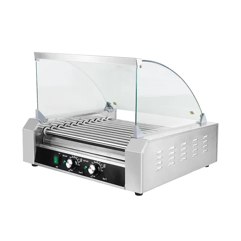 Mesin Pemanggang Roller Hot Dog Listrik Stainless Steel dengan Penutup Kaca