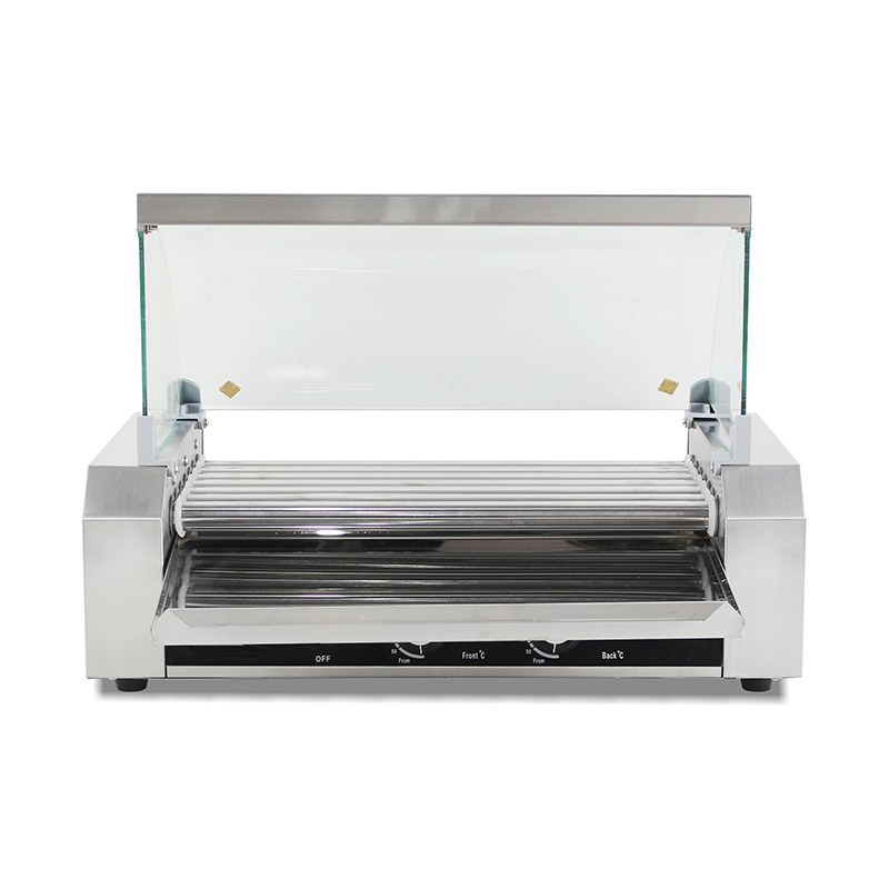 Mesin Pemanggang Roller Hot Dog Listrik Stainless Steel dengan Penutup Kaca