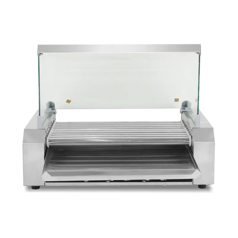 Mesin Pemanggang Roller Hot Dog Listrik Stainless Steel dengan Penutup Kaca