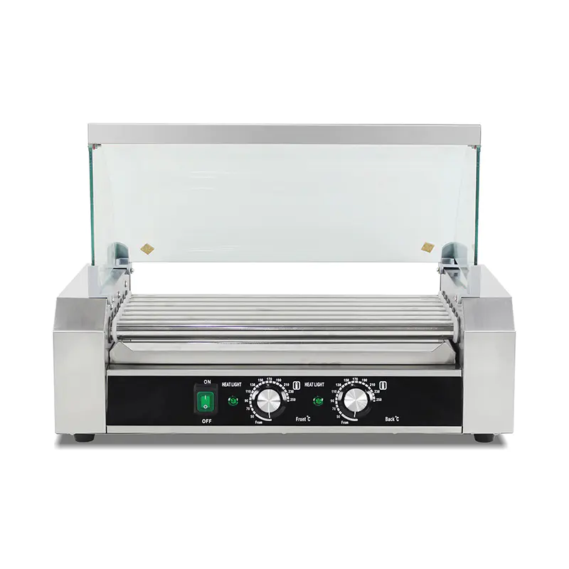 Mesin Pemanggang Roller Hot Dog Listrik Stainless Steel dengan Penutup Kaca
