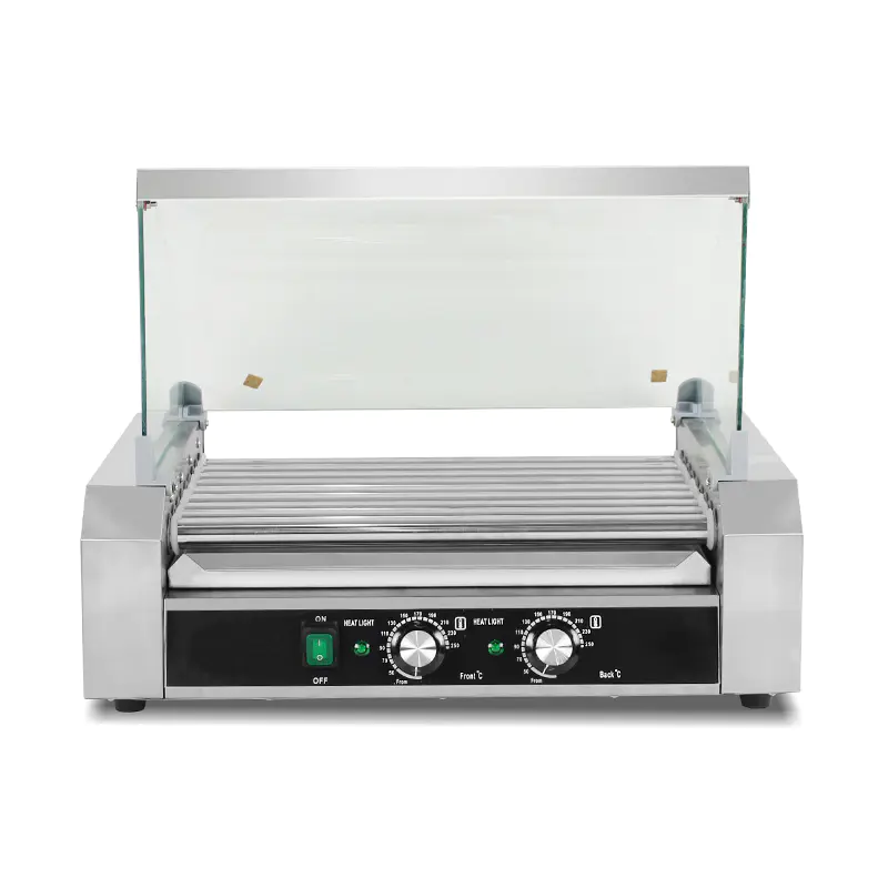 Mesin Pemanggang Roller Hot Dog Listrik Stainless Steel dengan Penutup Kaca