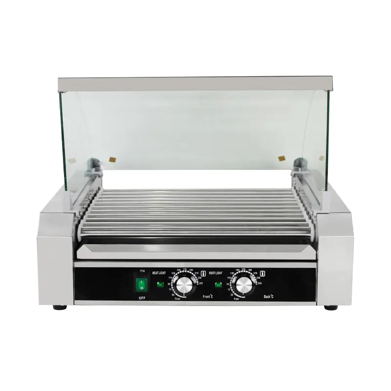 Mesin Pemanggang Roller Hot Dog Listrik Stainless Steel dengan Penutup Kaca
